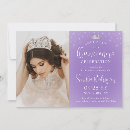 Elegant Sparkles Quinceañera 2 Photo Lilac Purple Save The Date (Achterkant)