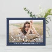 Elegant Sparkles Quinceañera 2 Photo Navy Blue Save The Date (Staand voorkant)