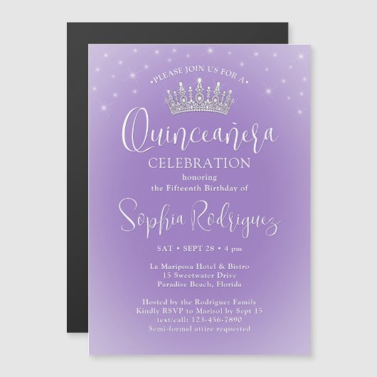 Elegant Sparkles Quinceañera Crown Lilac Purple Magnetische Uitnodiging (Voorkant / Achterkant)