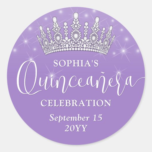 Elegant Sparkles Quinceañera Crown Lilac Purple Ronde Sticker (Voorkant)
