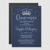 Elegant Sparkles Quinceañera Crown Navy Blue Magnetische Uitnodiging (Voorkant / Achterkant)