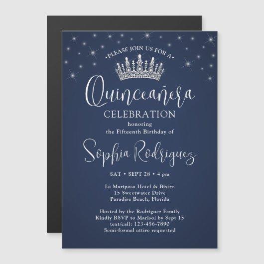 Elegant Sparkles Quinceañera Crown Navy Blue Magnetische Uitnodiging (Voorkant / Achterkant)