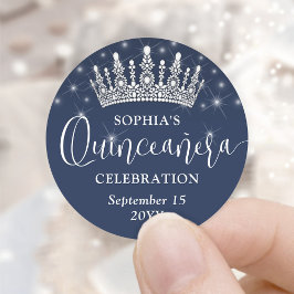 Elegant Sparkles Quinceañera Crown Navy Blue Ronde Sticker