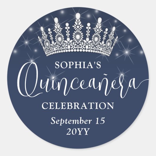 Elegant Sparkles Quinceañera Crown Navy Blue Ronde Sticker (Voorkant)