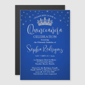 Elegant Sparkles Quinceañera Crown Royal Blue Magnetische Uitnodiging (Voorkant / Achterkant)
