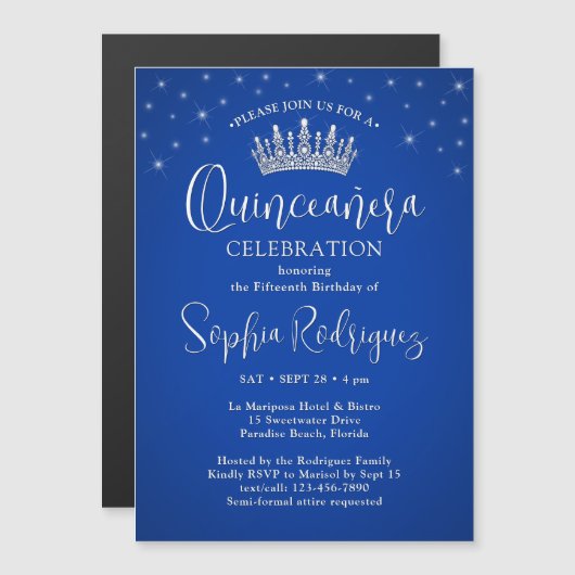 Elegant Sparkles Quinceañera Crown Royal Blue Magnetische Uitnodiging (Voorkant / Achterkant)