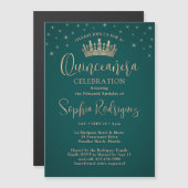 Elegant Sparkles Rose Gold Quinceañera Crown Green Magnetische Uitnodiging (Voorkant / Achterkant)