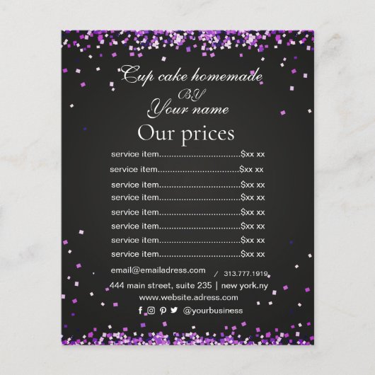 Elegant Sparkles zwart paarse Prijs Lijst flyer (Voorkant)