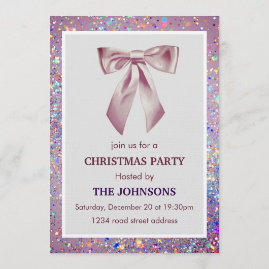 Elegant Sparkling Bow Christmas Party Invitation Kaart (Voorkant)