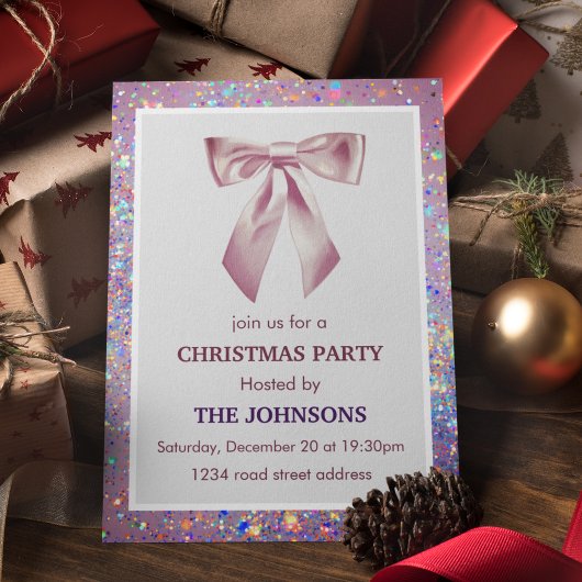 Elegant Sparkling Bow Christmas Party Invitation Kaart