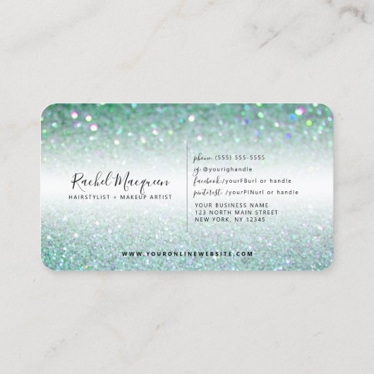 Elegant Sparkly Blauwgroen Green Glitter Klantenkaartje (Achterkant)