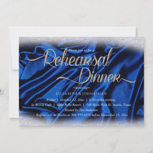 Elegant Sparkly Blue Calligraphy Rehearsal Dinner Kaart (Voorkant)