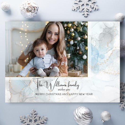 Elegant Sparkly Blue & Gold Alcohol Inkt Foto Drieluik Wenskaart