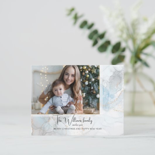 Elegant Sparkly Blue & Gold Alcohol Inkt Foto Feestdagenkaart (Staand voorkant)