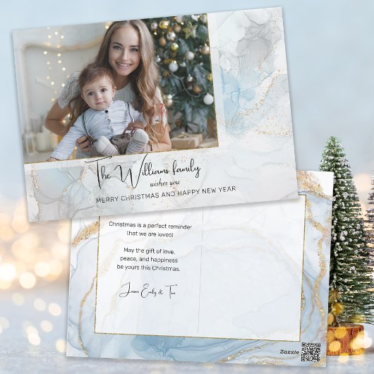 Elegant Sparkly Blue & Gold Alcohol Inkt Foto Feestdagenkaart