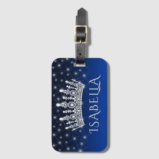 Elegant Sparkly Crown & Stars Royal Blue Monogram Bagagelabel (Voorkant (verticaal))