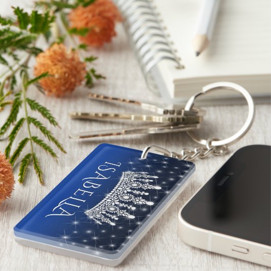Elegant Sparkly Crown & Stars Royal Blue Monogram Sleutelhanger (Voorkant Rechts)