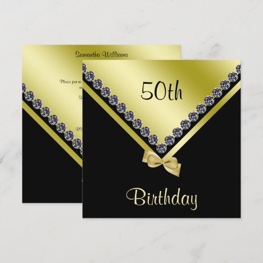 Elegant Sparkly Diamonds & Gold Bow 50th Birthday Kaart (Voorkant / Achterkant)