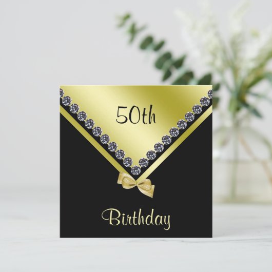 Elegant Sparkly Diamonds & Gold Bow 50th Birthday Kaart (Staand voorkant)