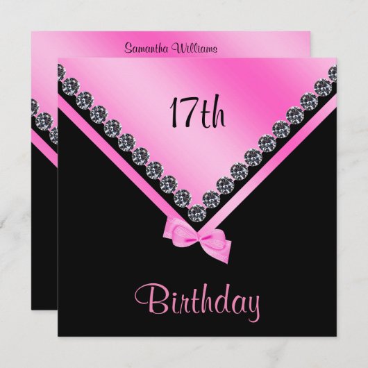 Elegant Sparkly Diamonds & Roze Bow 17th Birthday Kaart (Voorkant / Achterkant)
