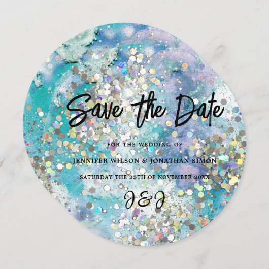 Elegant Sparkly Glitter Blue Blauwgroen Save The Date (Voorkant / Achterkant)