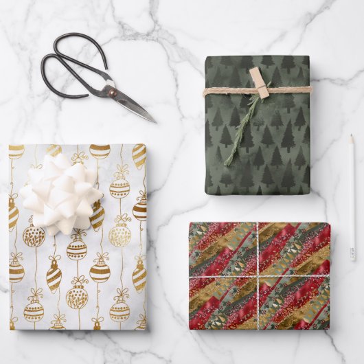 Elegant Sparkly Gold Green Pine Tree Red Inpakpapier Vel (Voorkant)