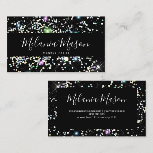 Elegant Sparkly Holographic Glitter Beauty Black Visitekaartje (Voorkant / Achterkant)