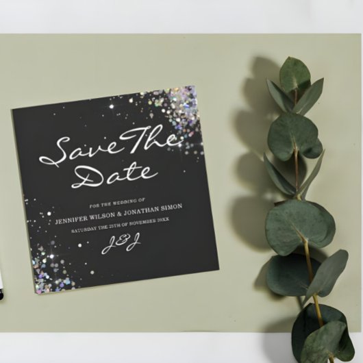 Elegant Sparkly Holographic Glitter Black Modern Save The Date
