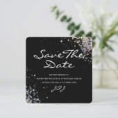 Elegant Sparkly Holographic Glitter Black Modern Save The Date (Staand voorkant)