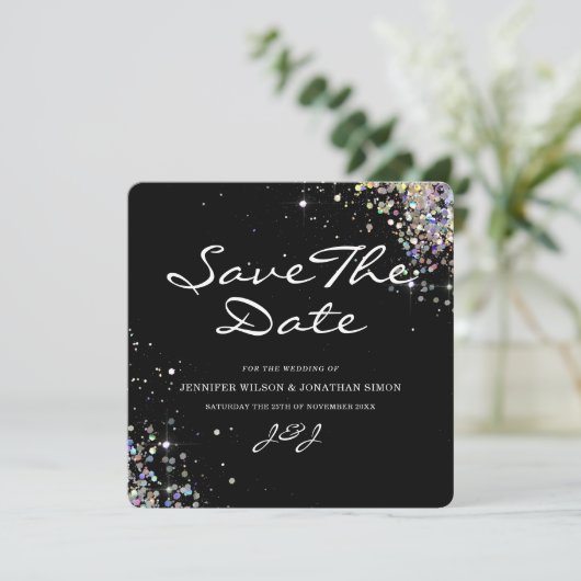 Elegant Sparkly Holographic Glitter Black Modern Save The Date (Staand voorkant)