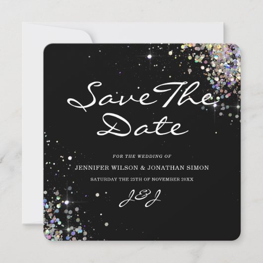 Elegant Sparkly Holographic Glitter Black Modern Save The Date (Voorkant)