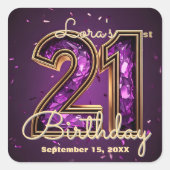 Elegant Sparkly Purple Crystal 21st Birthday Party Vierkante Sticker (Voorkant)