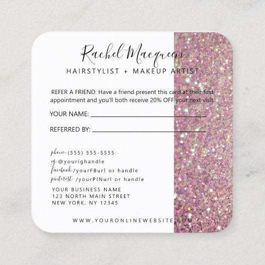 Elegant Sparkly Roos Pink Glitter Aanbevelingskaartje (Achterkant)