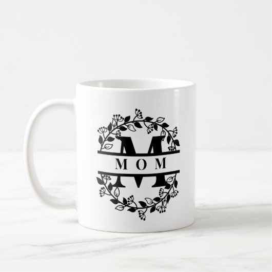 Elegant Split Floral Split Monogram met tekst: MOM Koffiemok (Links)