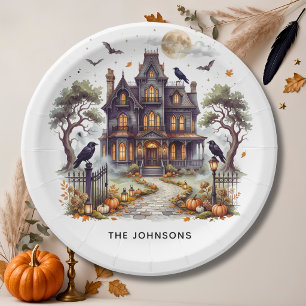 Elegant Spoken Huis Halloweenfeest Papieren Bordje