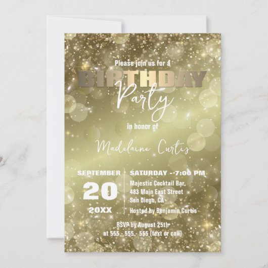 Elegant sprankelend goudtint verjaardagsfeestje kaart (Voorkant)