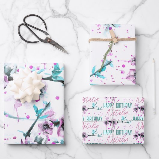 Elegant Spring Blossom Pink Floral Waterverf art Inpakpapier Vel (Voorkant)