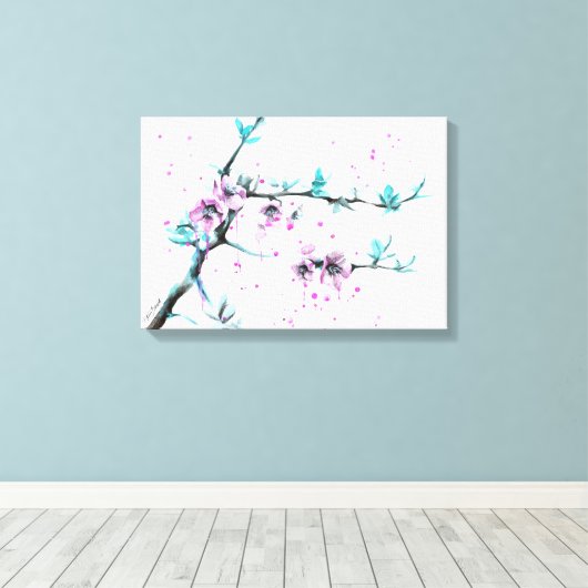 Elegant Spring blossom roze florale Waterverf kuns Canvas Afdruk (Insitu (Houten vloer))