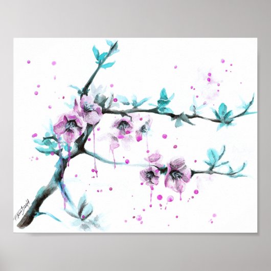 Elegant Spring blossom roze florale Waterverf kuns Poster (Voorkant)