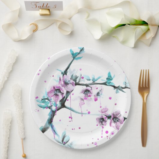 Elegant Spring blossom roze florale Waterverf Papieren Bordje (Huwelijk)
