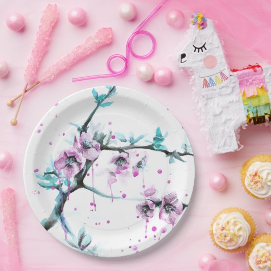 Elegant Spring blossom roze florale Waterverf Papieren Bordje (Feest)