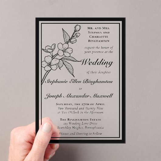 Elegant Spring Blossoms Black White Formal Wedding Acryl Uitnodigingen (Insitu (Draagbaar))