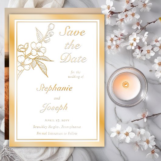 Elegant Spring Blossoms Photo White Save the Date Folie Uitnodiging