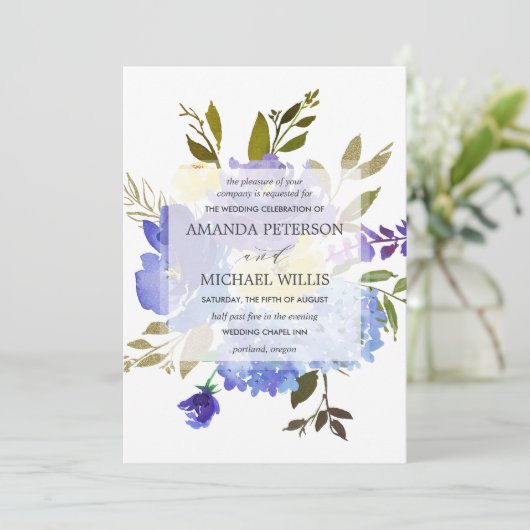 Elegant spring blue en yellow bloemen bruiloft kaart (Staand voorkant)