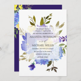 Elegant spring blue en yellow bloemen bruiloft kaart