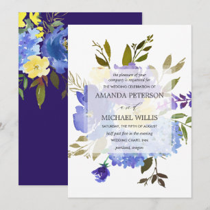 Elegant spring blue en yellow bloemen bruiloft kaart