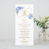 Elegant Spring Blue Floral Gold Heilige Communie Menu (Staand voorkant)