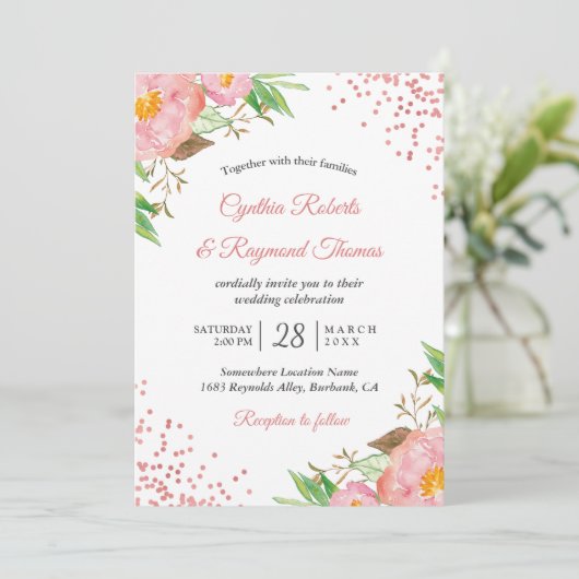 Elegant Spring Blush Pink Floral Confetti Wedding Kaart (Staand voorkant)