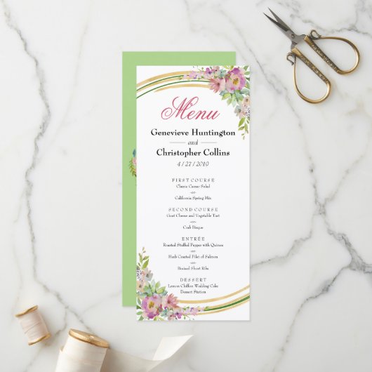 Elegant Spring Boho Floral Gold Reception Menu (Voorkant / Achterkant in situ)