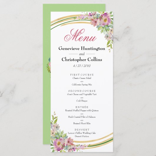 Elegant Spring Boho Floral Gold Reception Menu (Voorkant / Achterkant)